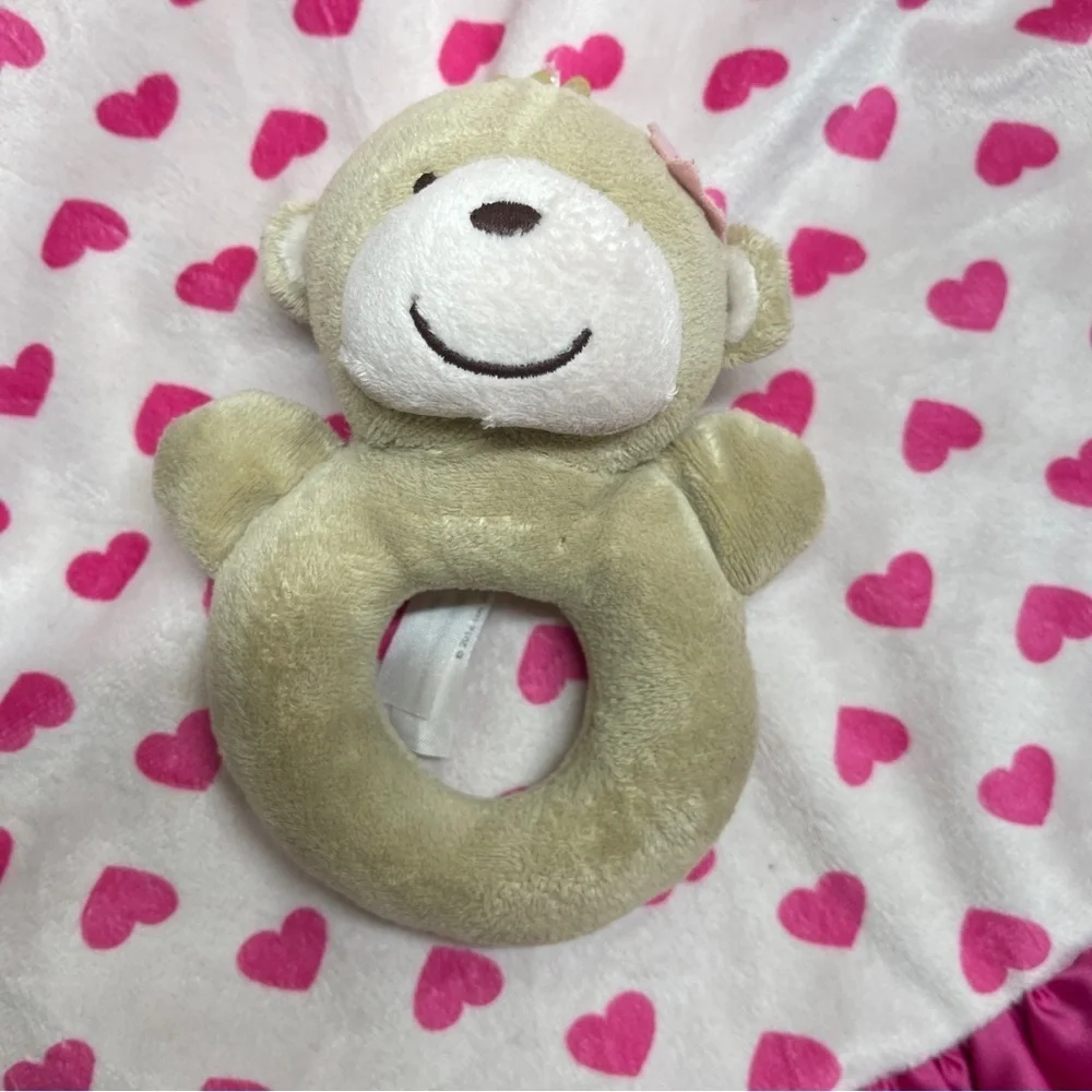 Carter’s Baby Monkey Plush Rattle White Pink Heart Satin Lovey Security Blanket